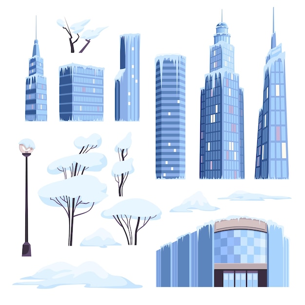 Vecteur gratuit ville moderne de neige glacée sertie d'icônes isolées de gratte-ciel glaçons arbres enneigés et illustration vectorielle de lampadaire