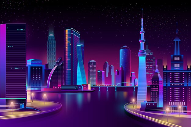 Ville moderne sur la rivière la nuit.