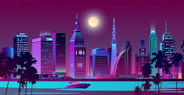 Ville moderne sur vecteur de paysage de nuit au bord de mer
