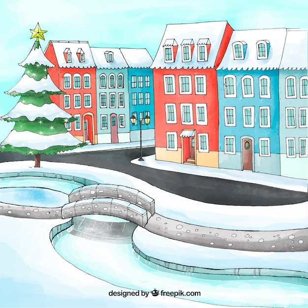 Ville De Noël Aquarelle Avec Une Rivière Gelée