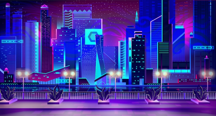 Vecteur gratuit ville de nuit avec des néons et quai avec des plantes