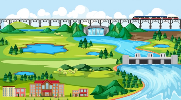 Ville Ou Ville Et Pont Paysage Scène De Paysage En Style Cartoon