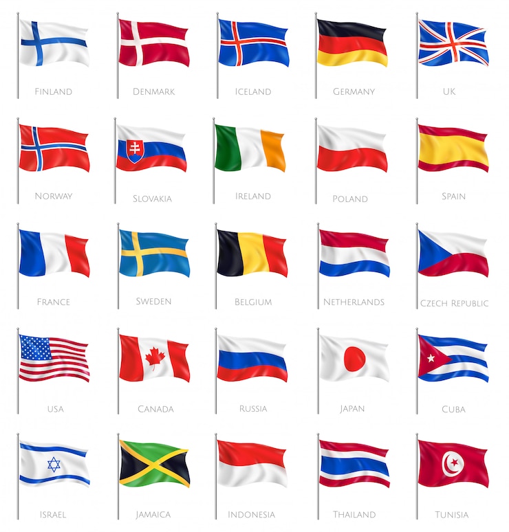 Vecteur gratuit vingt-cinq isolés en agitant des drapeaux nationaux sur blanc avec inscription des noms de pays réalistes