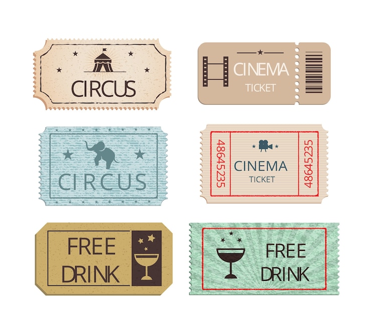 Vecteur gratuit vintage cinéma cirque et billets de fête vector ensemble montrant des billets d'entrée perforés avec des icônes représentant l'éléphant de boisson gratuite et le chapiteau avec deux billets de boisson gratuite pour des rafraîchissements