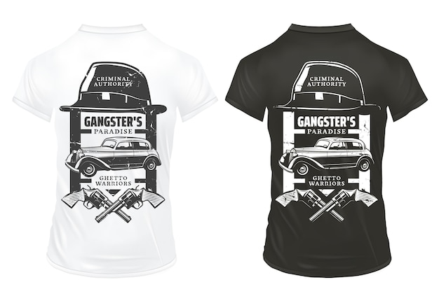 Vecteur gratuit vintage gangster imprime le modèle sur des chemises avec des inscriptions hat croisé revolvers mafia voiture rétro classique isolée