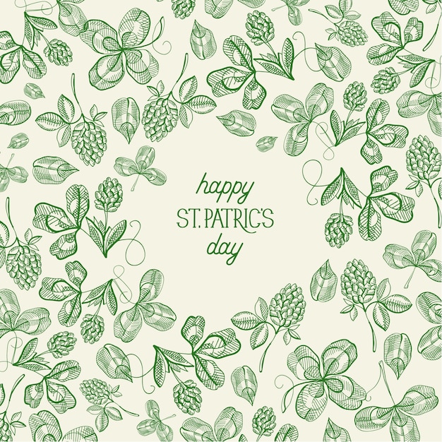 Vintage Modèle Vert St Patricks Day Avec Inscription Esquisse Irlandais Shamrock Et Illustration Vectorielle De Trèfle à Quatre Feuilles