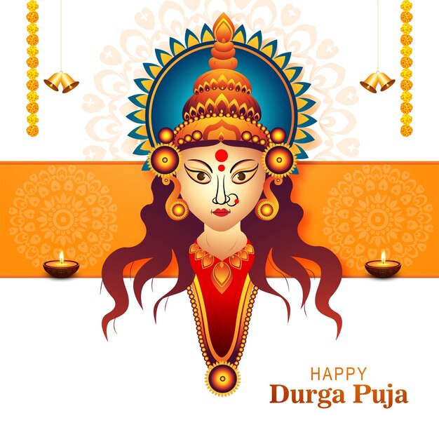 Vecteur gratuit visage de la déesse durga dans l'arrière-plan de la carte happy durga puja subh navratri