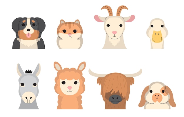 Vecteur gratuit visage de divers animaux avec chien chat chèvre mouton oies cheval âne et lapin avec dessin à la main en personnages de dessins animés sur fond blanc illustration vectorielle