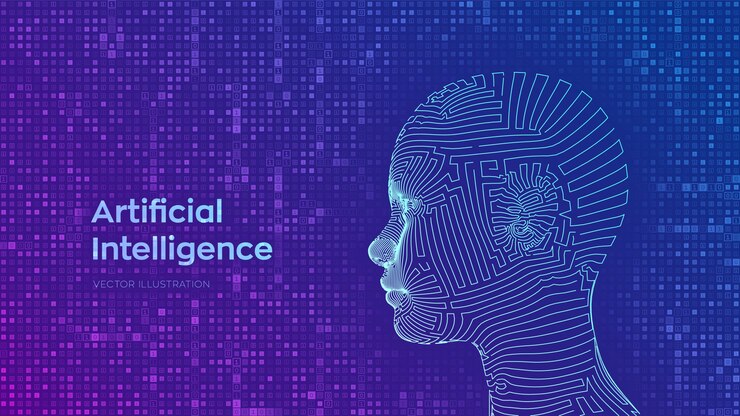 Vecteur gratuit visage humain numérique abstrait filaire sur fond de code binaire numérique matrice en streaming. ai. concept d'intelligence artificielle.