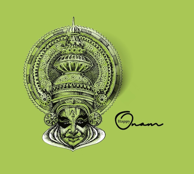 Vecteur gratuit visage de kathakali avec une couronne lourde décorée d'illustration vectorielle de croquis dessinés à la main