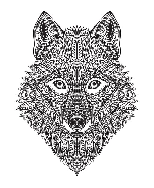 Visage De Loup Noir Et Blanc Graphique Dessine A La Main Doodle Orne Illustration Pour T Shirts Tatouage Livre De Coloriage Et Autres Choses Vecteur Premium