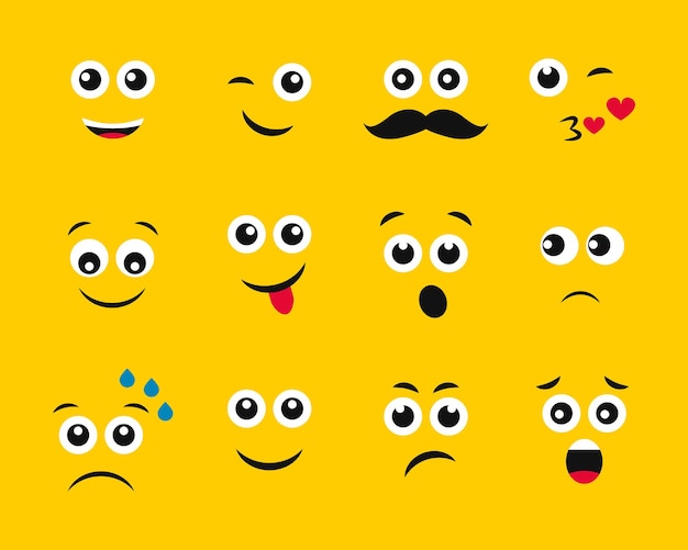 Visages de dessin animé avec émotions sur fond jaune. ensemble de douze émoticônes différentes. illustration vectorielle