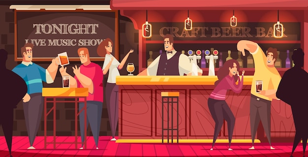 Les visiteurs de l'illustration de la musique en direct du bar s'amusent et discutent à l'illustration du bar