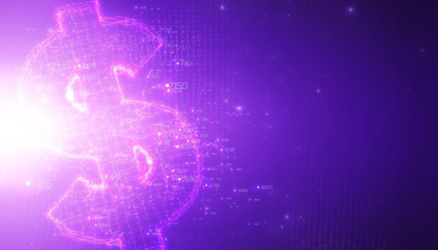 Visualisation abstraite violette des données volumineuses 3D avec le symbole du dollar
