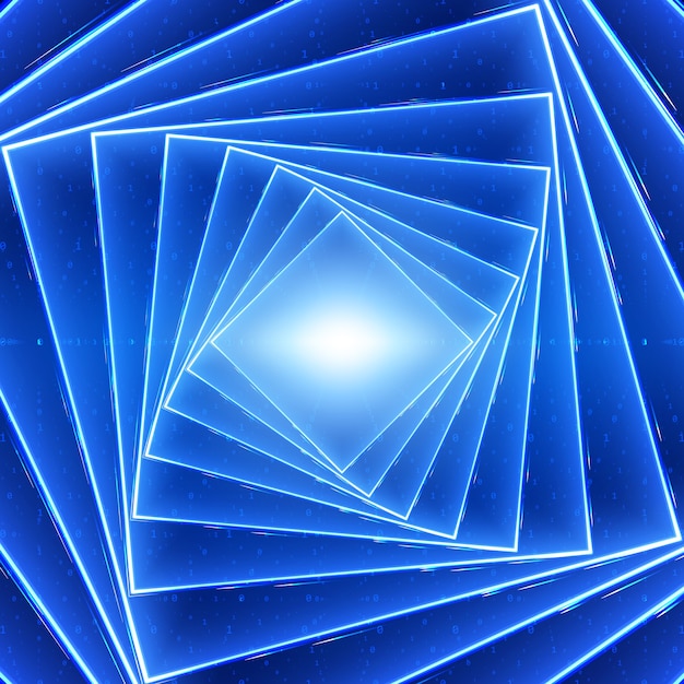 Visualisation de flux de données vectorielles. Tunnel lumineux tordu carré de flux de données volumineux bleu sous forme de chaînes binaires. Cyber monde de code. Analyse cryptographique. Transfert de blockchain Bitcoin. Flux d'informations