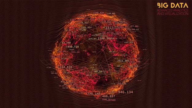 Vecteur gratuit visualisation de nuages de données sphériques traitement scientifique de données volumineuses 3d écran central hud ou ui futuriste analyse de clusters de données technologiques connexions d'informations complexes