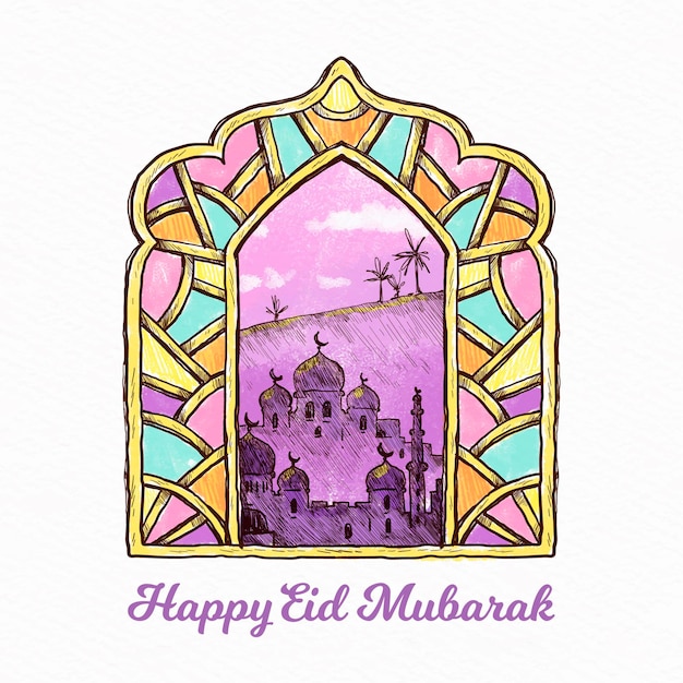 Vitrail arabe dessiné à la main eid mubarak