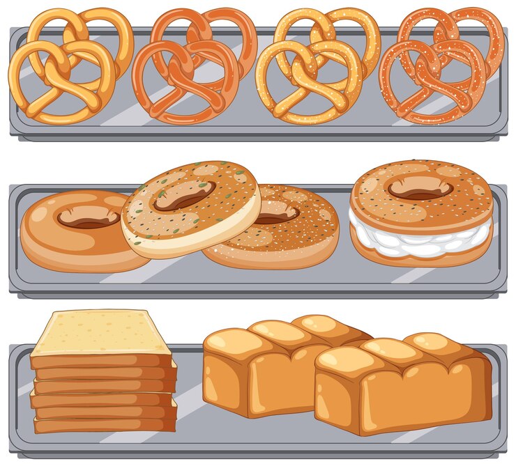 Vecteur gratuit vitrine de boulangerie avec des produits de pâtisserie