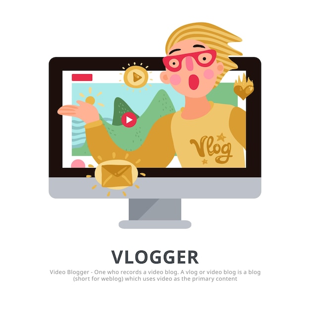 Vlogger Personne Avec Des Symboles De Blog Conseils De Voyage Plat