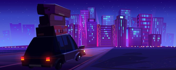 Voiture avec bagages conduisant à la grande ville la nuit