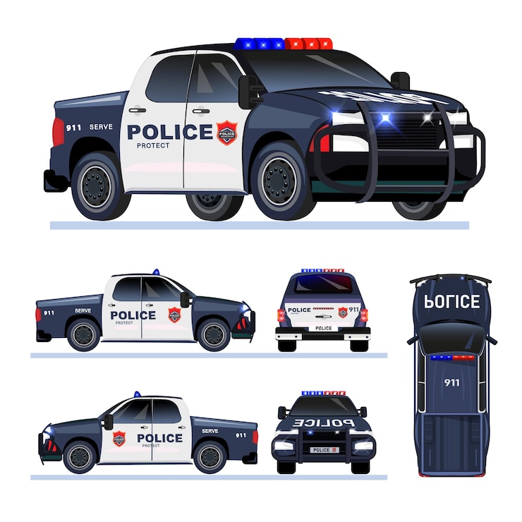 Vecteur gratuit voiture de police sous différents angles vue de face arrière arrière ensemble plat illustration vectorielle isolée