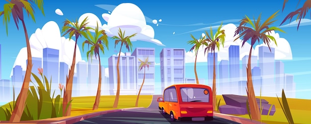 Vecteur gratuit voiture sur route dans la ville tropicale d'été