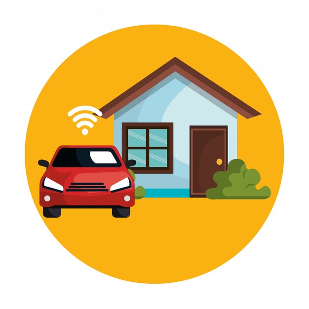 Vecteur gratuit voiture avec signal wifi et maison