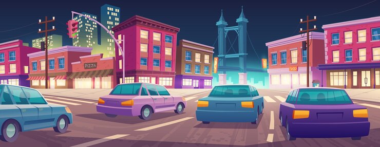 Voitures conduisant la conception de dessin animé de rue de la ville de nuit