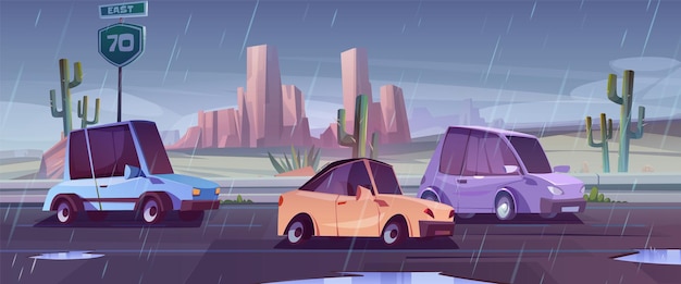 Vecteur gratuit voitures conduisant sous la pluie sur l'autoroute dans le désert parmi les montagnes rocheuses et les cactus illustration vectorielle de dessins animés d'automobiles voyageant sur une route de campagne par mauvais temps pluvieux sur un chemin asphalté avec des flaques d'eau