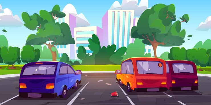 Vecteur gratuit des voitures sur un parking dans la ville d'été
