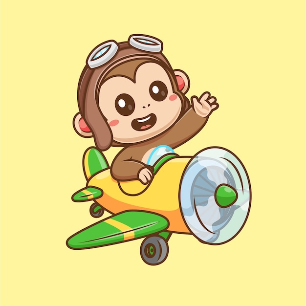 Vecteur gratuit vol pilote de singe mignon avec avion dessin animé vecteur icône illustration transport animal isolé