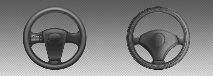 Vecteur gratuit volants de voiture, partie automatique pour contrôler la conduite et le virage. ensemble réaliste de volants automobiles en cuir noir.