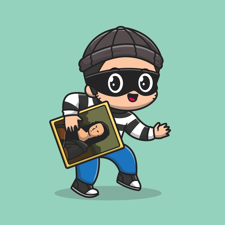 Vecteur gratuit le voleur mignon vole une peinture, une icône vectorielle de dessin animé, une illustration, des gens, des icônes de vacances, un vecteur plat isolé.