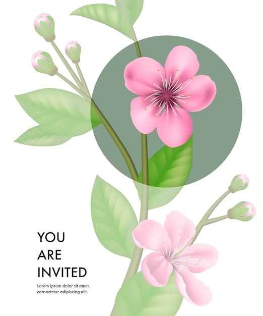 Vous êtes invité modèle de carte avec des fleurs de cerisier transparentes et cercle vert