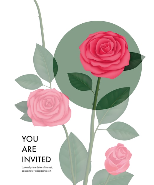 Vecteur gratuit vous êtes invité modèle de carte avec des roses transparentes et cercle vert
