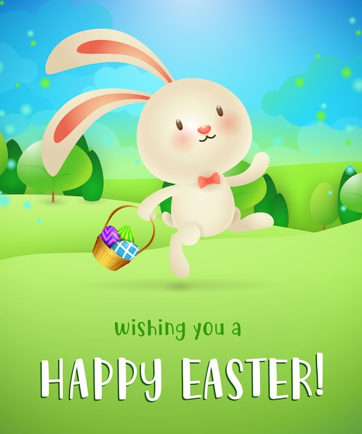 En vous souhaitant un joyeux lettrage de Pâques, un lapin avec des œufs dans le panier