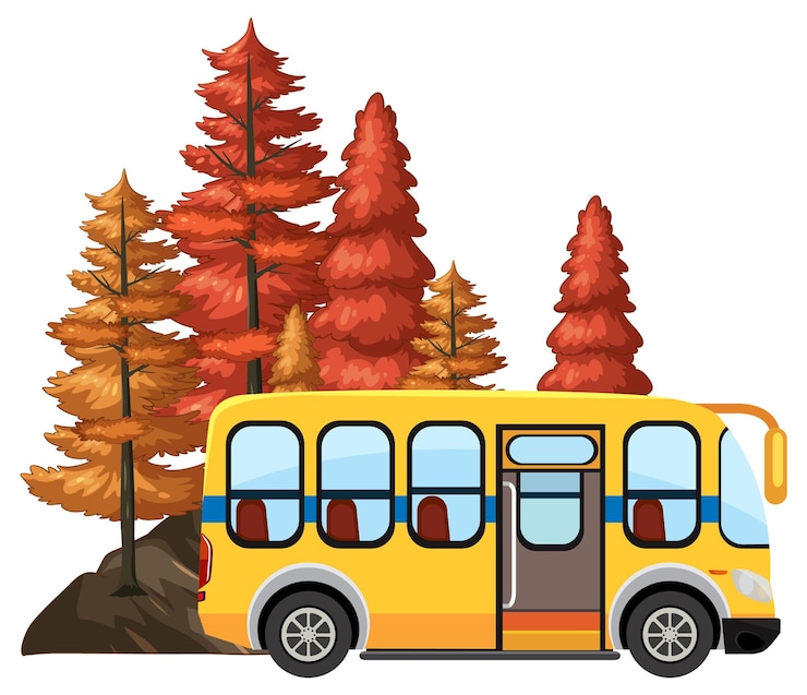 Vecteur gratuit voyage en bus d'automne à travers la forêt