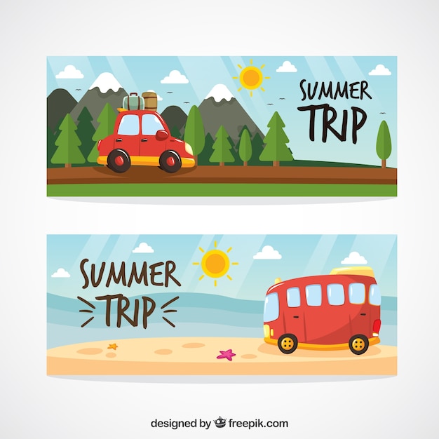 Vecteur gratuit voyage paysage bannières d'été dessiné à la main mignonne