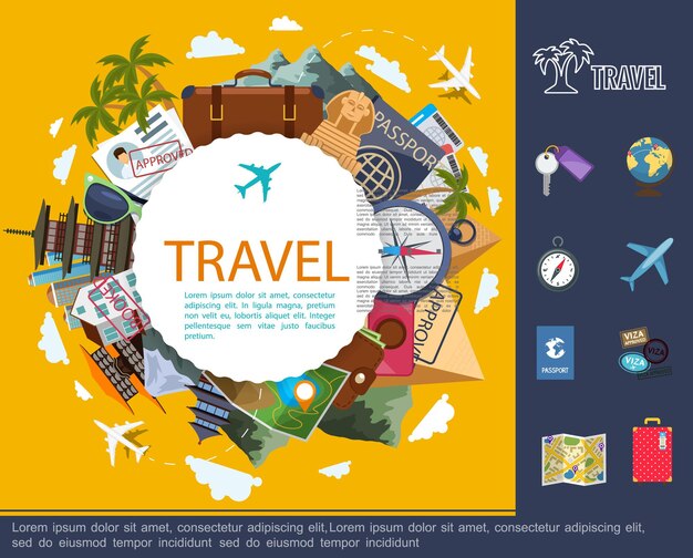 Voyage plat autour du concept du monde avec globe avion carte des bagages documents lunettes de soleil boussole billets de caméra et des sites célèbres