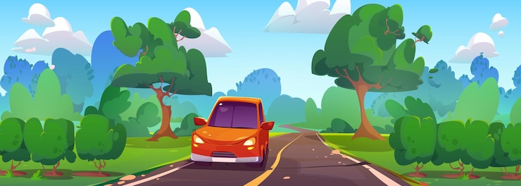 Vecteur gratuit voyage en voiture pour conduire dans un dessin animé de paysage d'été