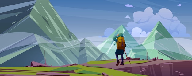 Vecteur gratuit voyageur au paysage de montagne avec des pics couverts de brouillard. voyage ou vagabond voyage extrême, aventure. touriste avec sac à dos regarde au loin sur les hauts sommets rocheux, illustration vectorielle de dessin animé