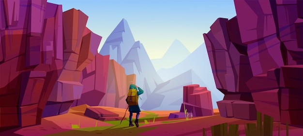 Voyageur à la montagne, voyage voyage, aventure. Touriste avec sac à dos et carte se tenir au paysage rocheux regarder au loin sur un sommet élevé. Mode de vie de randonnée extrême, illustration vectorielle de dessin animé