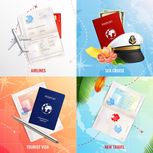 Vecteur gratuit voyagez par avion et par mer 2x2 concept de design publicitaire avec des maquettes de passeport biométrique et des icônes réalistes de visa stamp