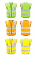 Vecteur gratuit vue avant et arrière du gilet réaliste maquette de couleurs vert orange et jaune isolé sur illustration vectorielle fond blanc