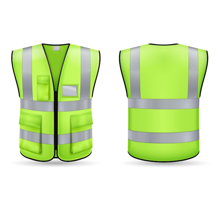 Vecteur gratuit vue avant et arrière de la maquette de gilet vert avec bandes réfléchissantes et poches isolées sur illustration vectorielle réaliste de fond blanc