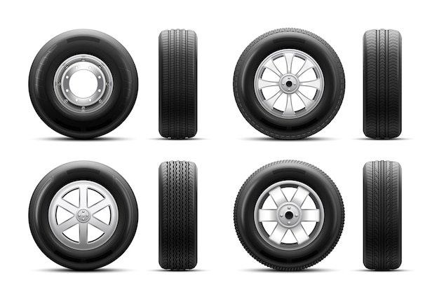 Vecteur gratuit vue avant et latérale des roues de voiture avec divers disques réalistes sur fond blanc illustration vectorielle isolée