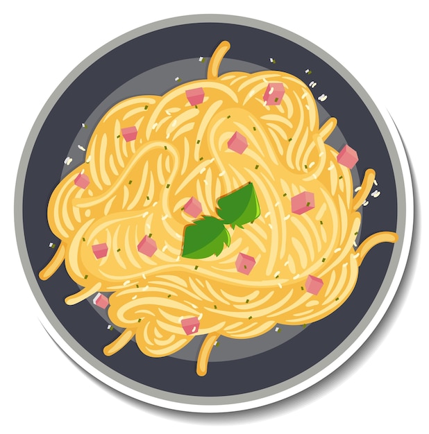 Vue de dessus de l'autocollant de plat paghetti carbonara sur blanc