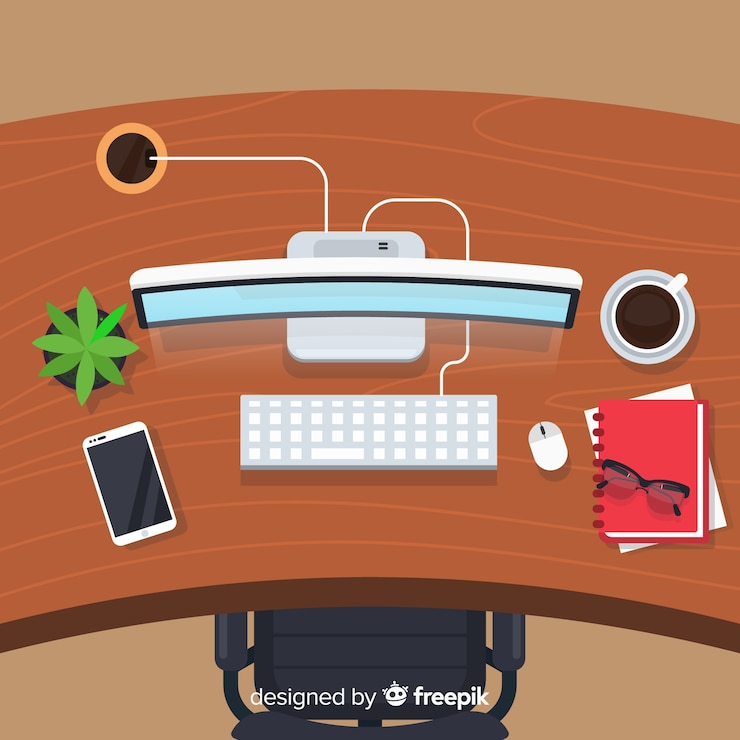 Vecteur gratuit vue de dessus de bureau moderne avec un design plat