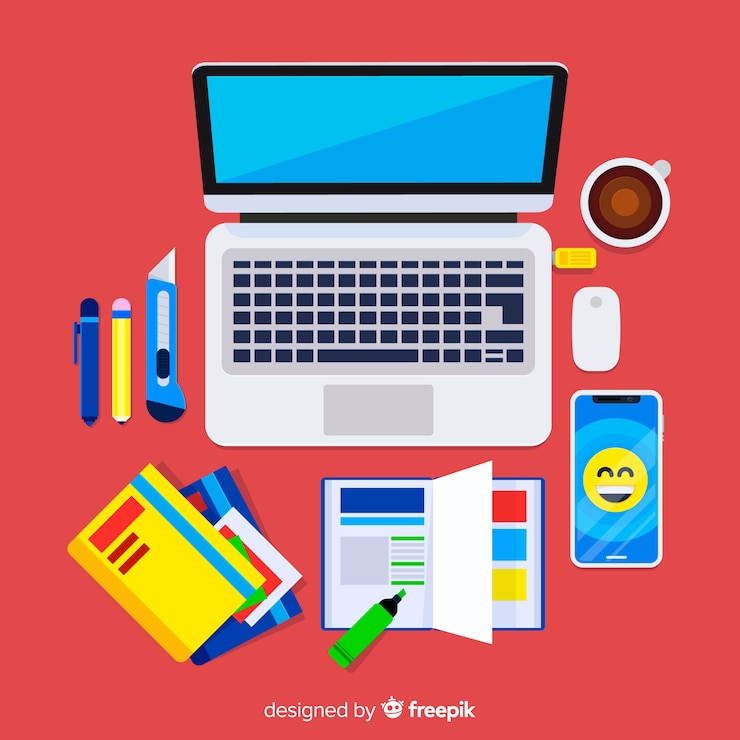 Vecteur gratuit vue de dessus de bureau moderne avec un design plat