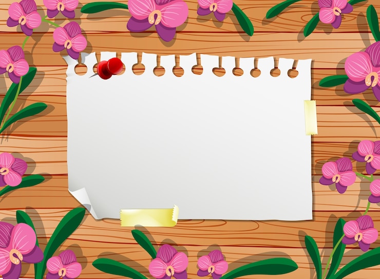 Vecteur gratuit vue de dessus du papier vierge sur la table avec des feuilles et des éléments d'orchidées roses